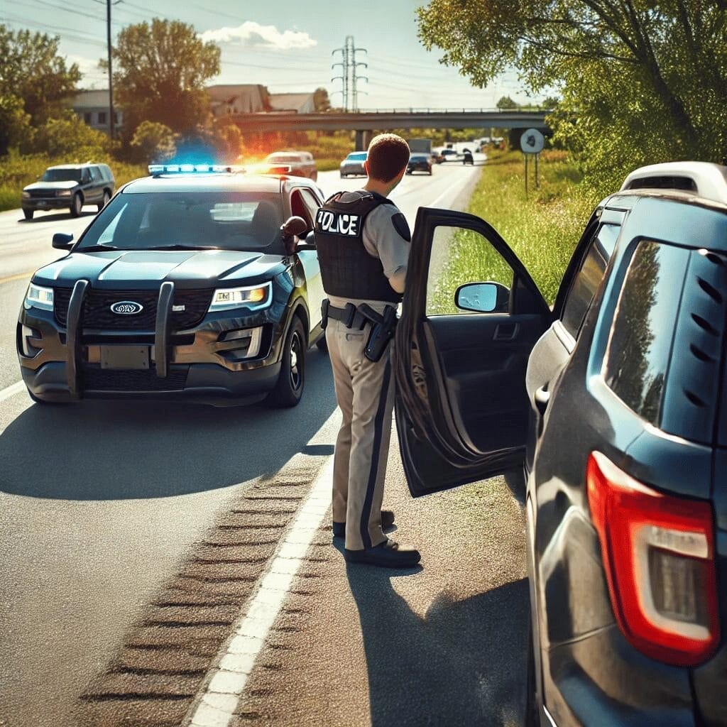 Police officer stands by an open car door next to a stopped vehicle on a sunny road, with police car flashing lights in the background. Several cars are passing in the opposite lane.