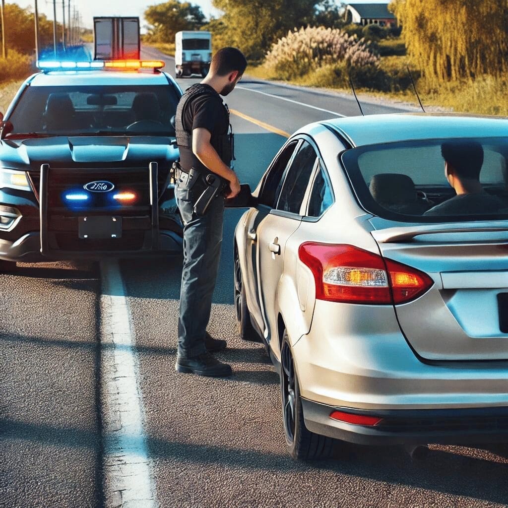 A police officer stands by a silver car pulled over on the roadside while a police vehicle with lights on is parked behind it.